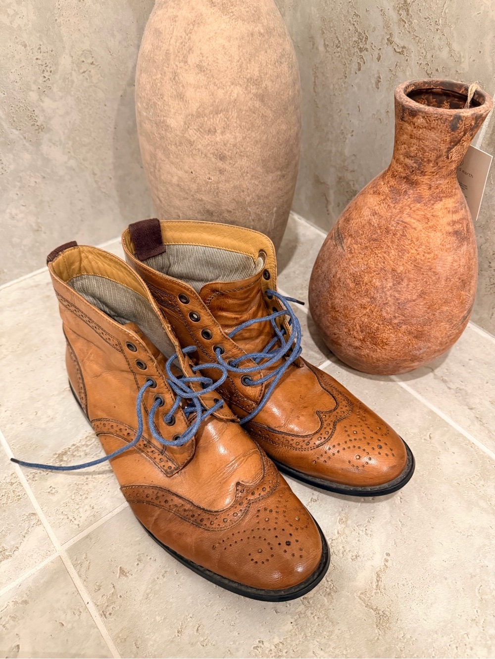 Men's Tan Leather Wingtip Boots with Blue Laces